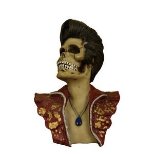 Summit Collection Rockabilly Skeleton Bust Figure Blue Gem Necklace Red Gold